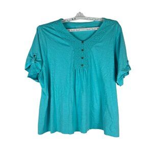 Croft & Barrow Womens Size 3X Turquoise Embroidered Button Accent Top